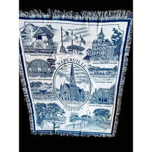 Cotton Fringed Throw Blanket Blue & White Naperville, IL ~North Central College